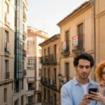 A realistic photo of a street in a Spanish city with 'Se Vende' and 'Se Alquila' signs on many balconies, showing a contrast between modern luxury buildings and older, deteriorated houses, with a youn