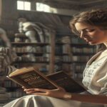 A photorealistic image of a modern library with a woman reading a book titled 'Circe' by Madeline Miller, with Greek mythology statues in the background, soft natural light, no text or logos.