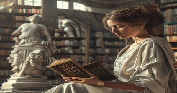 A photorealistic image of a modern library with a woman reading a book titled 'Circe' by Madeline Miller, with Greek mythology statues in the background, soft natural light, no text or logos.