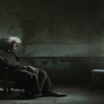 A photorealistic image of an elderly person sitting alone in a dimly lit room of a nursing home, looking sad and neglected. The room is sparsely furnished, with peeling paint on the walls. The atmosph