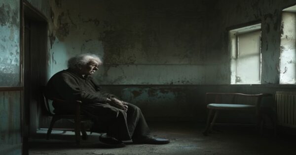 Crisis en geriátricos: explotación laboral y abandono estatal 2 A photorealistic image of an elderly person sitting alone in a dimly lit room of a nursing home, looking sad and neglected. The room is sparsely furnished, with peeling paint on the walls. The atmosph