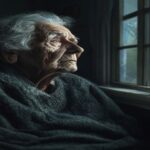 A photorealistic image of an elderly person sitting alone in a dimly lit room of a nursing home, looking out of a window with a sad expression, emphasizing loneliness and neglect.