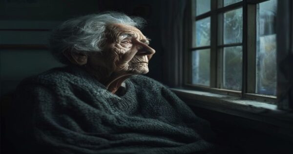 Residencias de mayores: ¿centros de cuidado o espacios de abandono? 2 A photorealistic image of an elderly person sitting alone in a dimly lit room of a nursing home, looking out of a window with a sad expression, emphasizing loneliness and neglect.