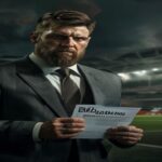 A photorealistic image of Gerard Piqué in a business suit, standing in front of a football stadium with a tense expression, holding a contract with the word 'Riazor' visible, with a dark and dramatic
