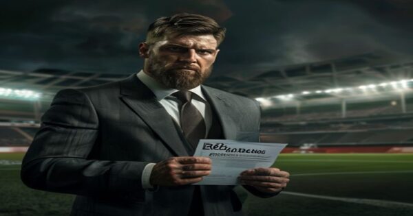 A photorealistic image of Gerard Piqué in a business suit, standing in front of a football stadium with a tense expression, holding a contract with the word 'Riazor' visible, with a dark and dramatic