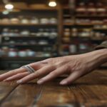 Photorealistic image of a middle-aged woman's hand with a missing fingertip, bandaged, resting on a wooden table in a small shop. The background shows shelves with products, slightly out of focus. The