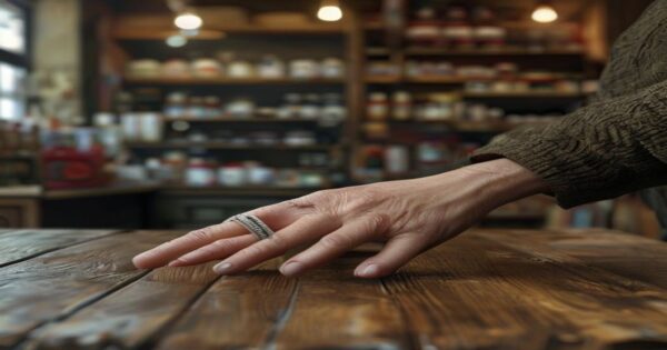 Falange obrera: la seguridad laboral en la España precaria 2 Photorealistic image of a middle-aged woman's hand with a missing fingertip, bandaged, resting on a wooden table in a small shop. The background shows shelves with products, slightly out of focus. The