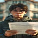 A photorealistic image of a person holding a rejection letter from a social services office, with a worried expression, standing in front of a blurred Spanish administrative building. The scene convey