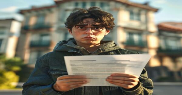 A photorealistic image of a person holding a rejection letter from a social services office, with a worried expression, standing in front of a blurred Spanish administrative building. The scene convey