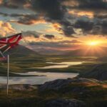 A photorealistic image of a Scottish landscape at sunset, with a saltire flag waving in the wind in the foreground. The sky is dramatic with clouds, and in the background, there are rolling green hill