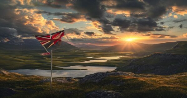 A photorealistic image of a Scottish landscape at sunset, with a saltire flag waving in the wind in the foreground. The sky is dramatic with clouds, and in the background, there are rolling green hill