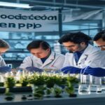 A photorealistic image of a diverse group of scientists in a modern laboratory, working on genetically modified crops in test tubes, with a banner reading 'Biotecnología para el Pueblo' in the backgr