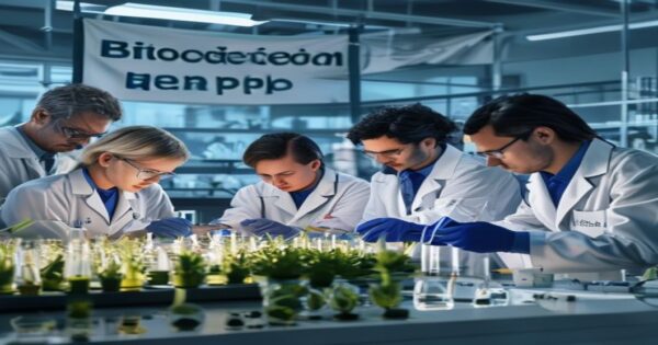 Biotecnología: Revolución en Vacunas y Cultivos para el Sur Global 2 A photorealistic image of a diverse group of scientists in a modern laboratory, working on genetically modified crops in test tubes, with a banner reading 'Biotecnología para el Pueblo' in the backgr
