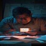 A photorealistic image of a frustrated Guatemalan person looking at a smartphone with a weak signal icon, surrounded by paperwork labeled 'QUEJAS' in Spanish, in a dimly lit room. No text or logos.