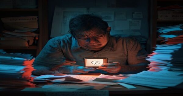 Telefonía en Guatemala: fallas, quejas y el vacío regulatorio 2 A photorealistic image of a frustrated Guatemalan person looking at a smartphone with a weak signal icon, surrounded by paperwork labeled 'QUEJAS' in Spanish, in a dimly lit room. No text or logos.