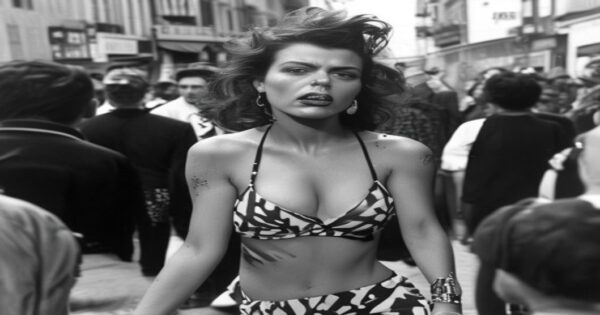 Valie Export: El Cuerpo como Arma del Feminismo Radical 2 A black and white photograph of Valie Export in the 1960s, wearing a provocative outfit, performing a body art piece in a public street, with a confrontational expression, surrounded by a crowd of onl
