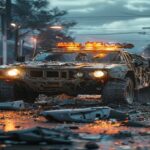 Photorealistic image of a damaged armored vehicle on a residential street in Chorrillos, with smashed cars and bent light poles, debris scattered, emergency lights in the background, daytime, wide ang