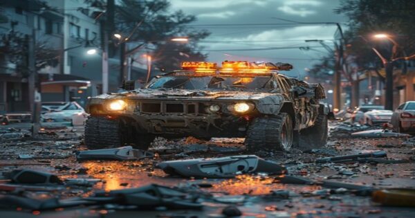 Seguridad vial: lecciones tras accidente con vehículo blindado en Chorrillos 2 Photorealistic image of a damaged armored vehicle on a residential street in Chorrillos, with smashed cars and bent light poles, debris scattered, emergency lights in the background, daytime, wide ang