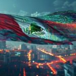 A photorealistic image of a Mexican flag waving in the wind, with digital circuits and glowing data streams flowing through its folds. In the background, a blurred cityscape with modern skyscrapers an