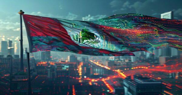 IA y geopolítica: el dilema civilizatorio de México 2 A photorealistic image of a Mexican flag waving in the wind, with digital circuits and glowing data streams flowing through its folds. In the background, a blurred cityscape with modern skyscrapers an