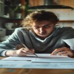 A realistic photo of a person reading a rental contract at a kitchen table, with a worried expression, documents and a pen in hand, natural lighting, shallow depth of field.