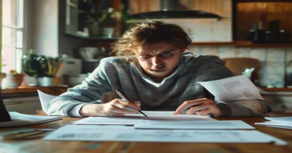 Expedientes de Consumo a inmobiliarias: ¿qué derechos tienes al alquilar? 2 A realistic photo of a person reading a rental contract at a kitchen table, with a worried expression, documents and a pen in hand, natural lighting, shallow depth of field.