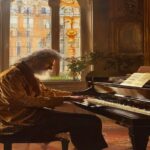 A photorealistic portrait of Isaac Albéniz sitting at a grand piano in a Barcelona salon, with Catalan modernist architecture visible through a window, warm golden light, 19th century style.