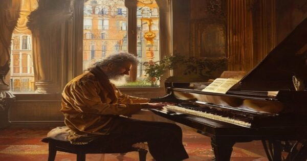 Gallardón y Albéniz: el vínculo catalán en el legado musical 2 A photorealistic portrait of Isaac Albéniz sitting at a grand piano in a Barcelona salon, with Catalan modernist architecture visible through a window, warm golden light, 19th century style.