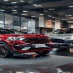 A photorealistic image of a brand new red MG ZS SUV parked next to a used grey Ford Focus from 2019, both in a modern car dealership showroom with bright lighting. The MG has a 'NUEVO' sign and the Fo