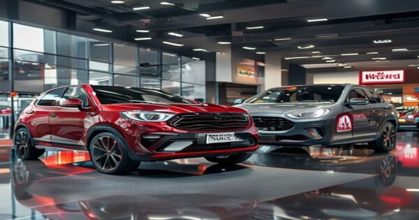 Coches chinos nuevos vs segunda mano: ¿qué conviene más? 2 A photorealistic image of a brand new red MG ZS SUV parked next to a used grey Ford Focus from 2019, both in a modern car dealership showroom with bright lighting. The MG has a 'NUEVO' sign and the Fo