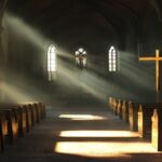 A dimly lit church interior, with a single ray of light illuminating a wooden cross on the altar, conveying a somber mood. Empty pews, shadows, and a sense of solitude and reflection. Photorealistic,