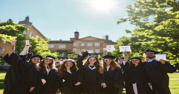 A group of diverse young graduates in caps and gowns celebrating outdoors in front of a university building in Galicia, holding diplomas, with a sunny sky and green campus in the background.