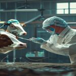 A photorealistic image of a veterinarian in protective gear taking a nasal swab from a cow in a modern barn, with scientific equipment in the background and a sign that reads 'UANL Research'.