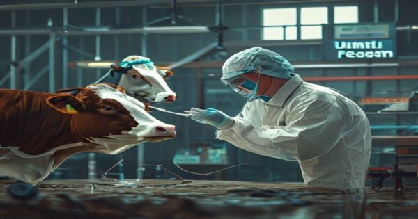 Nuevo coronavirus en ganado: ¿riesgo para la salud pública? 2 A photorealistic image of a veterinarian in protective gear taking a nasal swab from a cow in a modern barn, with scientific equipment in the background and a sign that reads 'UANL Research'.