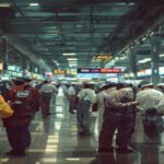 A photorealistic image of a busy airport terminal in Jakarta, Indonesia, with health workers in protective gear screening passengers using thermal scanners and questionnaires. The atmosphere is tense