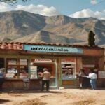 A photorealistic image of a small lottery shop in a rural Spanish village, with a sign saying 'Administración de Loterías' and a few people outside, one holding a winning ticket, with mountains in t