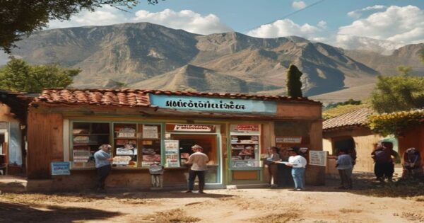 Bonoloto en Villablino: el azar y la España vaciada 2 A photorealistic image of a small lottery shop in a rural Spanish village, with a sign saying 'Administración de Loterías' and a few people outside, one holding a winning ticket, with mountains in t