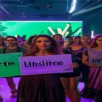 A photorealistic scene of a film festival red carpet with a group of diverse women holding signs that say 'Arte Libre' and 'Autogestión', while in the background a giant screen shows a frame from a m