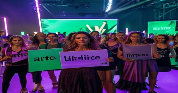 A photorealistic scene of a film festival red carpet with a group of diverse women holding signs that say 'Arte Libre' and 'Autogestión', while in the background a giant screen shows a frame from a m