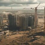 A photorealistic aerial view of a massive construction site near Tarragona, Spain, with cranes, half-built hotel towers, and a dusty landscape. In the foreground, a sign reads 'Hard Rock Complex' part