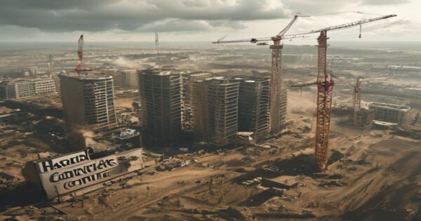 A photorealistic aerial view of a massive construction site near Tarragona, Spain, with cranes, half-built hotel towers, and a dusty landscape. In the foreground, a sign reads 'Hard Rock Complex' part
