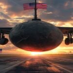 Photorealistic image of a large bomb (MOAB) suspended under a military fighter jet on a runway, with dramatic sunset lighting and American flags in the background. No text or logos.