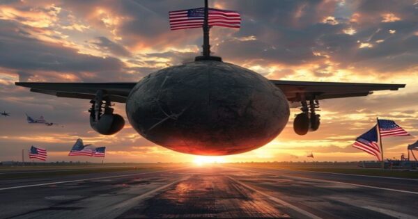 La iconografía de la bomba: cómo Trump usa imágenes militares para comunicar poder 2 Photorealistic image of a large bomb (MOAB) suspended under a military fighter jet on a runway, with dramatic sunset lighting and American flags in the background. No text or logos.