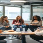 A photorealistic image of a diverse group of women in a bright, modern clinic, sitting in a circle engaged in a serious discussion about brain health. One woman points to a detailed anatomical model o