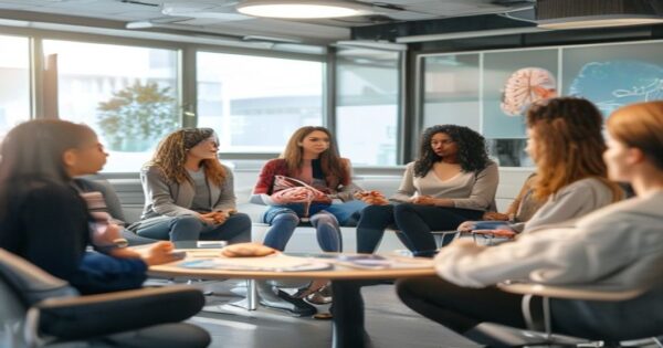 Feminismo separatista: redefiniendo la salud cerebral femenina 2 A photorealistic image of a diverse group of women in a bright, modern clinic, sitting in a circle engaged in a serious discussion about brain health. One woman points to a detailed anatomical model o