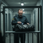 A photorealistic image of a prison entrance with security checkpoints, showing a uniformed guard inspecting a bag, with a subtle atmosphere of tension and surveillance.