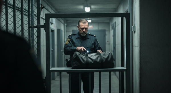 Cocaína en prisiones: corrupción judicial y el negocio del narcotráfico 2 A photorealistic image of a prison entrance with security checkpoints, showing a uniformed guard inspecting a bag, with a subtle atmosphere of tension and surveillance.