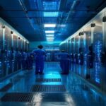 A modern data center in Santiago, Chile, with rows of server racks and blue LED lights, technicians in uniform monitoring screens, photorealistic, high detail
