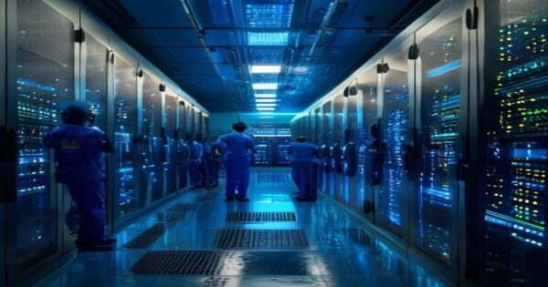 Guía completa para contratar hosting en Chile en 2025 2 A modern data center in Santiago, Chile, with rows of server racks and blue LED lights, technicians in uniform monitoring screens, photorealistic, high detail