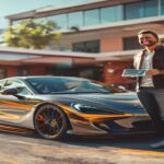 A photorealistic image of a McLaren 720S parked in front of a driving school, with a smiling man in his 30s holding a driver's license, sunny day, urban background.